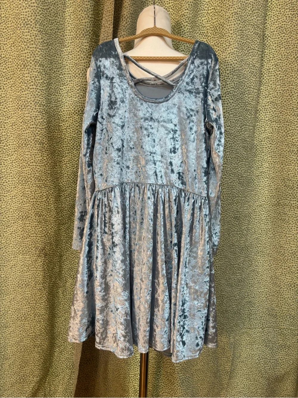 Girls' Silver Velvet Long-Sleeve Skater Dress